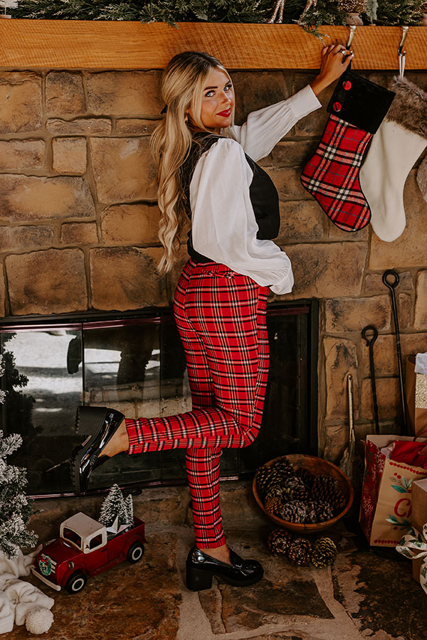 Red And Black Dark Red Plaid Pants Women's High-Rise Flare Pants