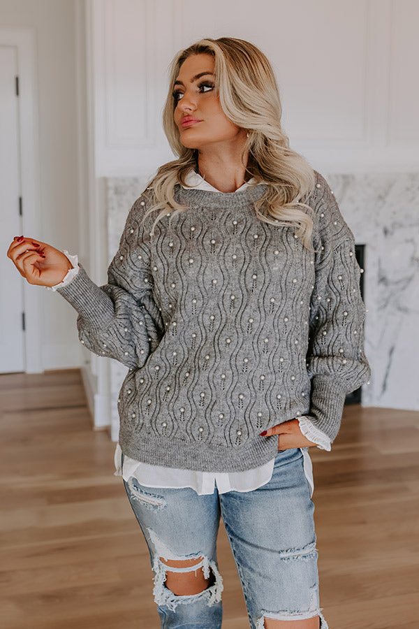 Chilly Wind Embellished Knit Sweater In Grey