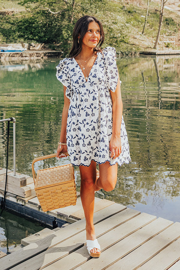 Ready For Vacay Embroidered Babydoll Dress in Navy