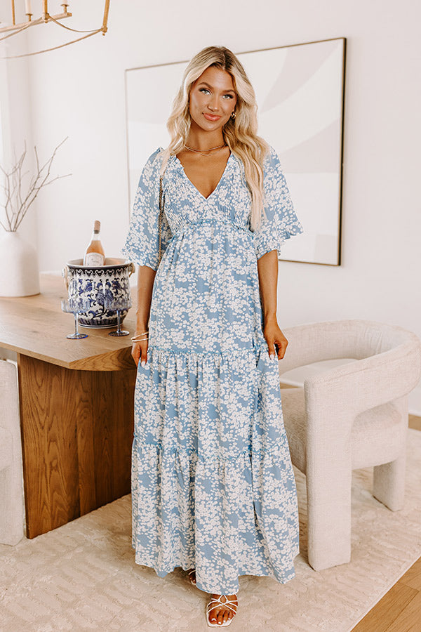 Affectionate Feeling Floral Smocked Maxi Dress in Sky Blue