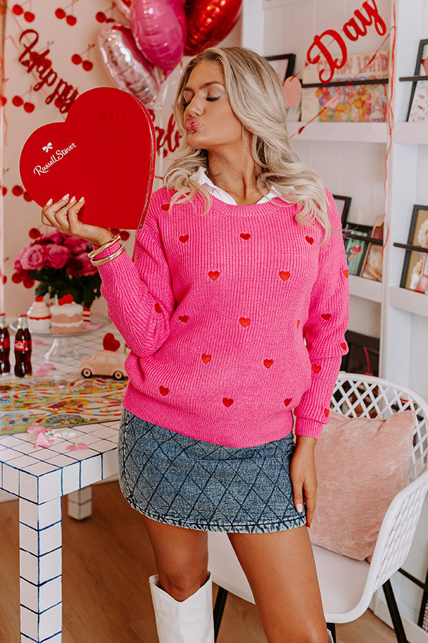 Candy Heart Conversations Embroidered Sweater in Hot Pink