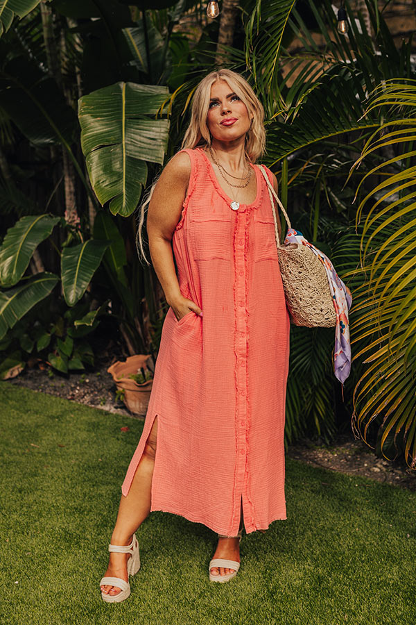 Free Spirited Frayed Midi in Coral Curves