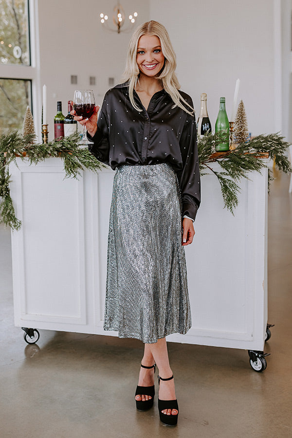 Dance All Night Sequin Midi Skirt in Silver