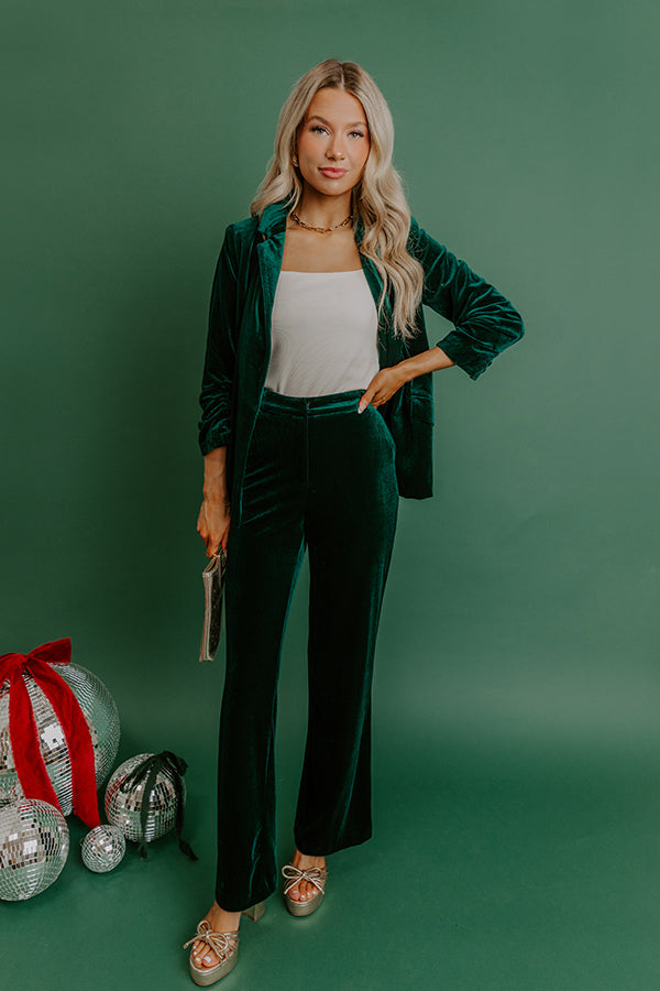 Chic Influencer High Waist Straight Leg Velvet Pants In Hunter Green Image - 2