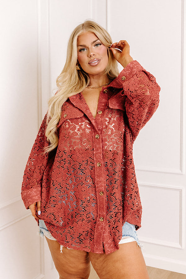 Along The Drive Lace Button Up In Rust Curves