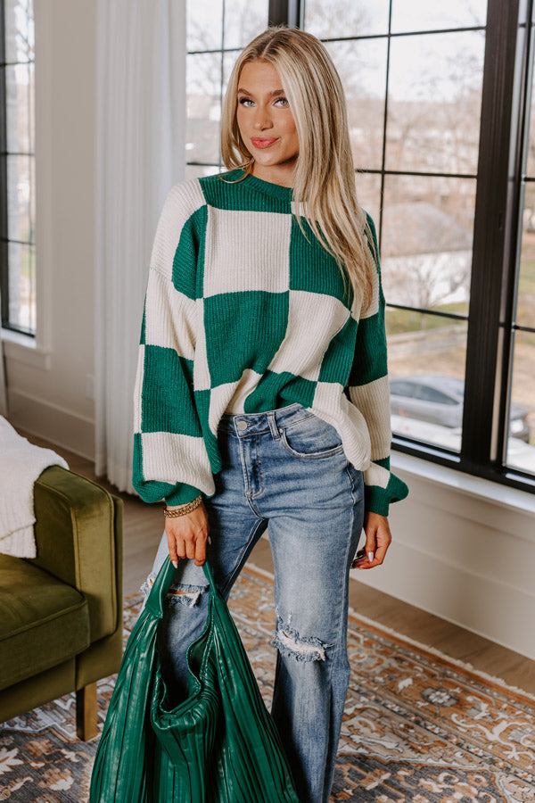 Hear The Beat Checkered Sweater In Hunter Green