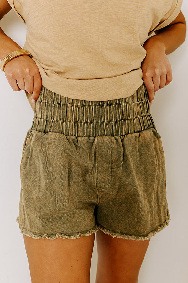 The Gabby High Waist Mineral Wash Shorts In Sage Image - 3