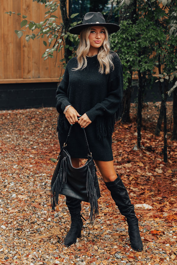 Fall Latte Fringe Sweater Dress in Black