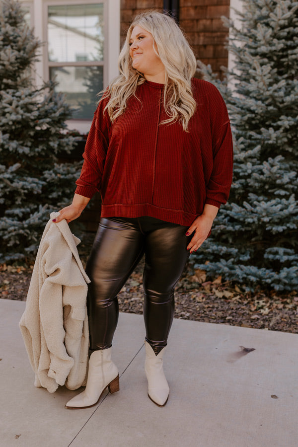 Cozy Little Spot Waffle Knit Top in Dark Rust Curves Image - 3