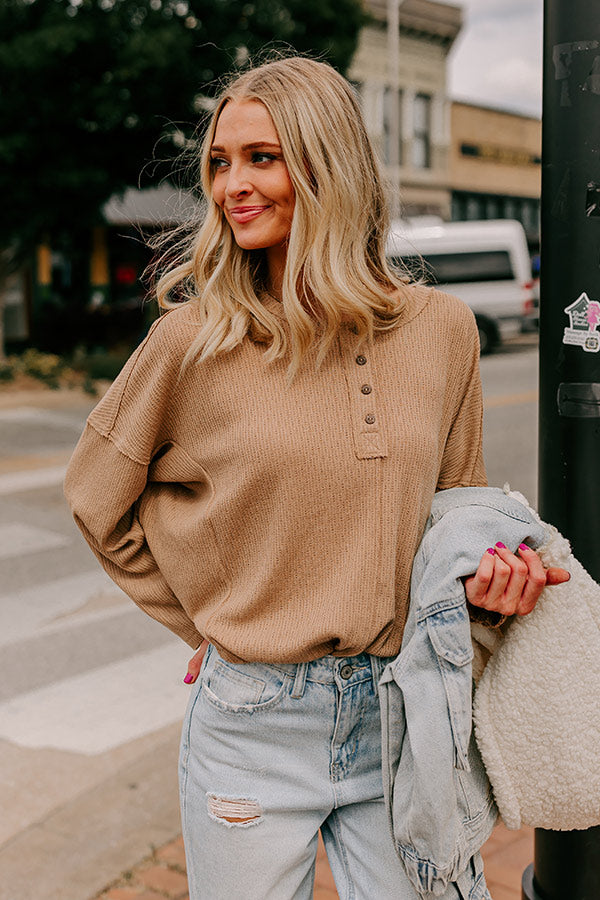 Breezy Times Oversized Henley Top In Taupe Image - 2