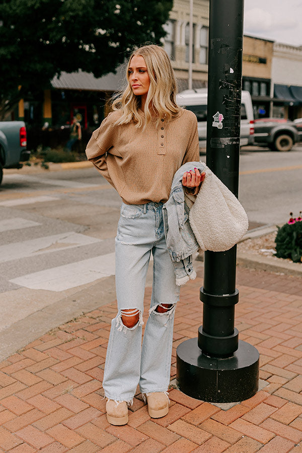 Breezy Times Oversized Henley Top In Taupe Image - 1