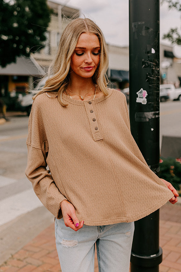 Breezy Times Oversized Henley Top In Taupe Image - 3