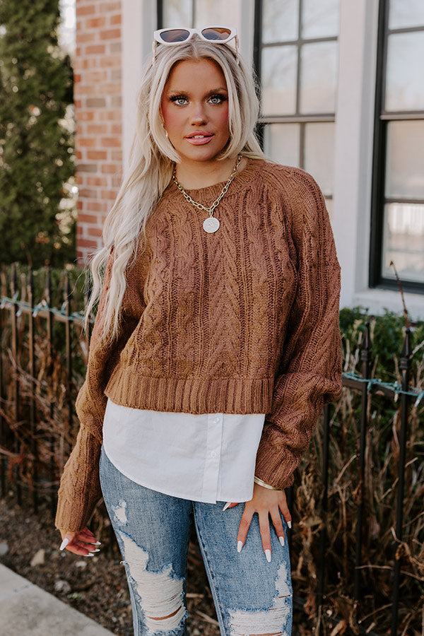 Thriving Weekend Cable Knit Sweater Top In Brown