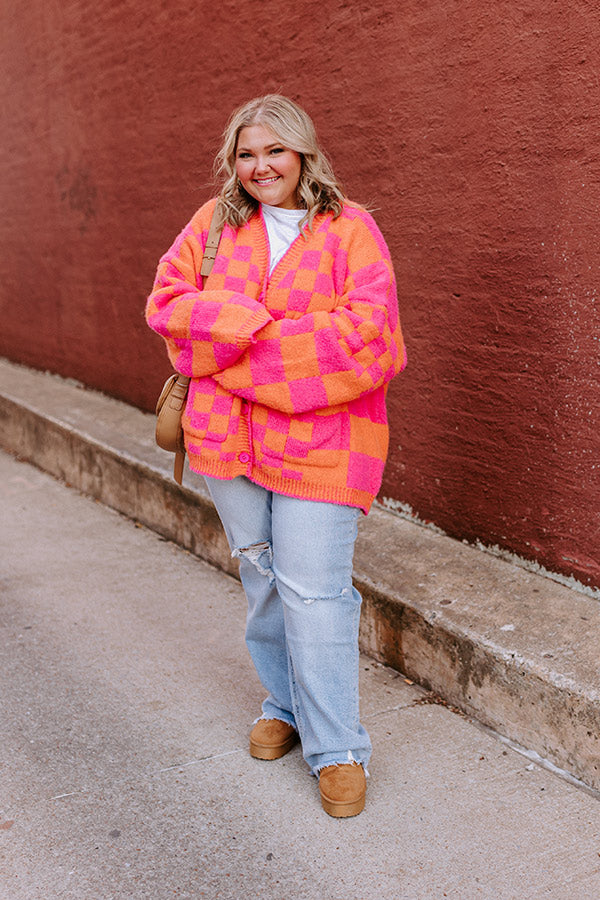 Around The Block Checkered Cardigan in Hot Pink Curves