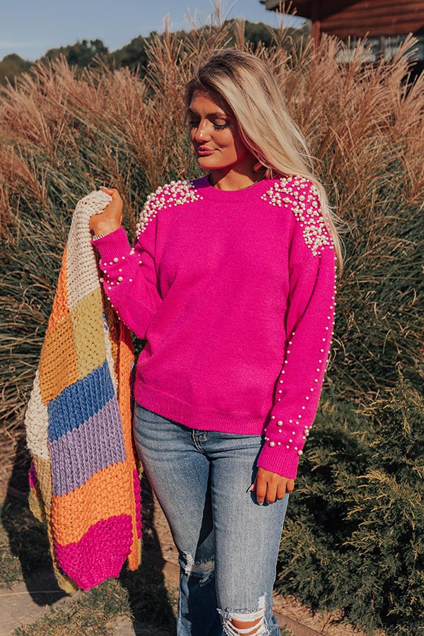 Modern Muse Pearl Embellished Sweater In Hot Pink
