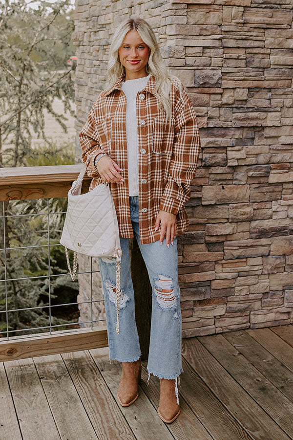 Start The Bonfire Embellished Plaid Jacket in Chocolate Image - 2