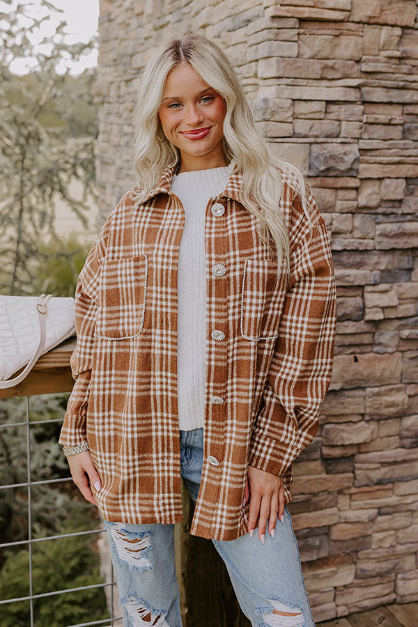 Start The Bonfire Embellished Plaid Jacket in Chocolate Image - 4