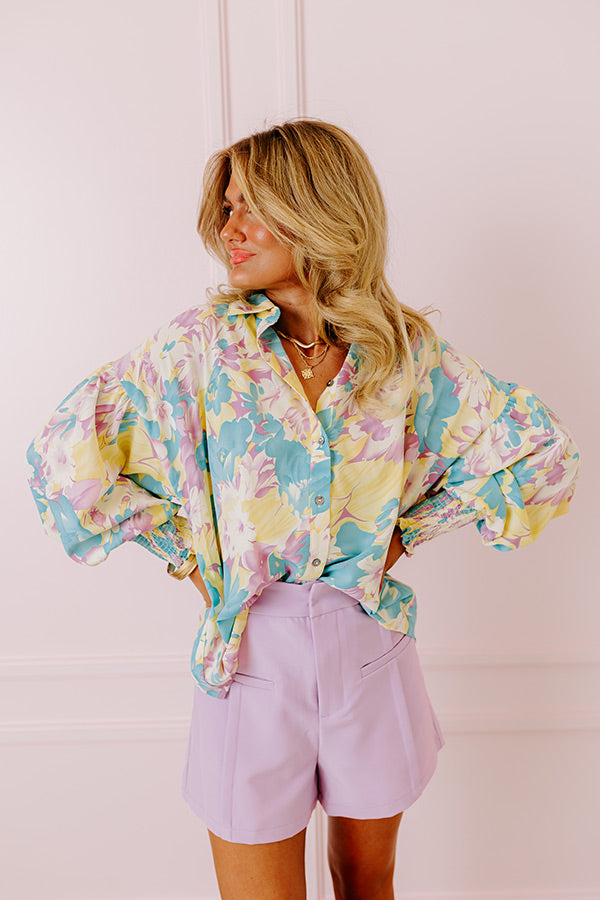 Private Jet Perfection Floral Button Up Top in Blue Image - 4