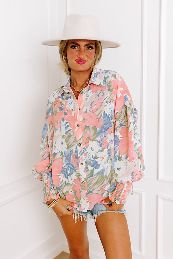 Private Jet Perfection Floral Button Up Top in Pink Image - 3