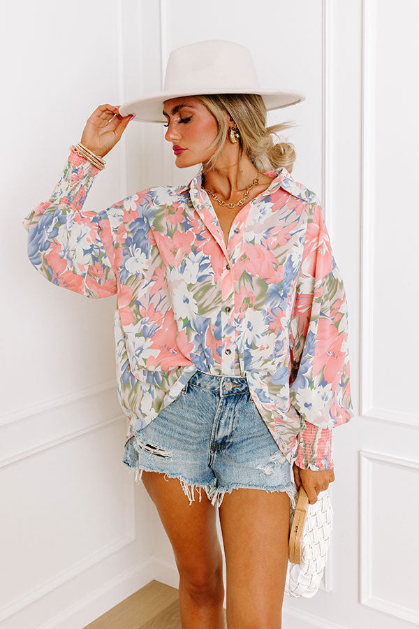 Private Jet Perfection Floral Button Up Top in Pink Image - 1