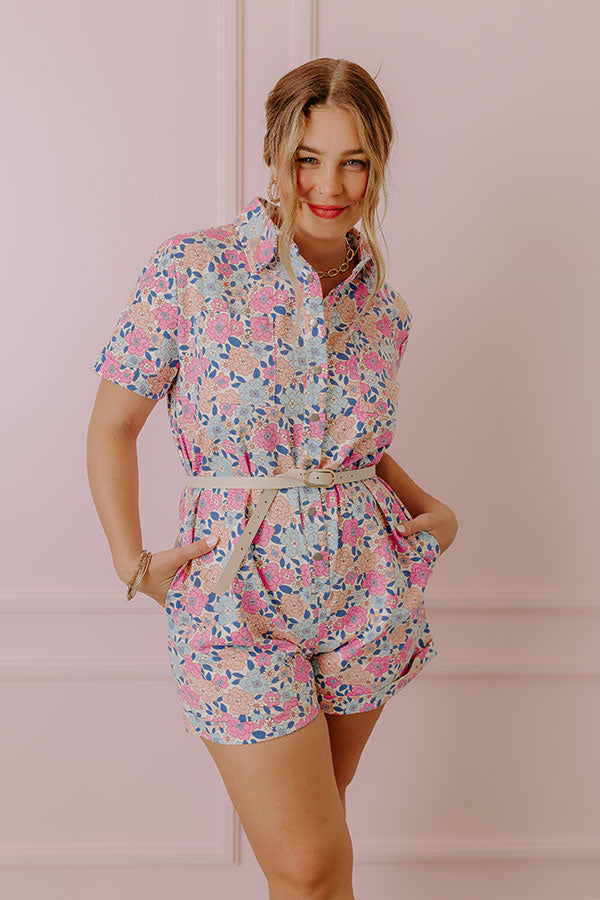 Sunny With A Chance of Blooms Denim Romper in Pink