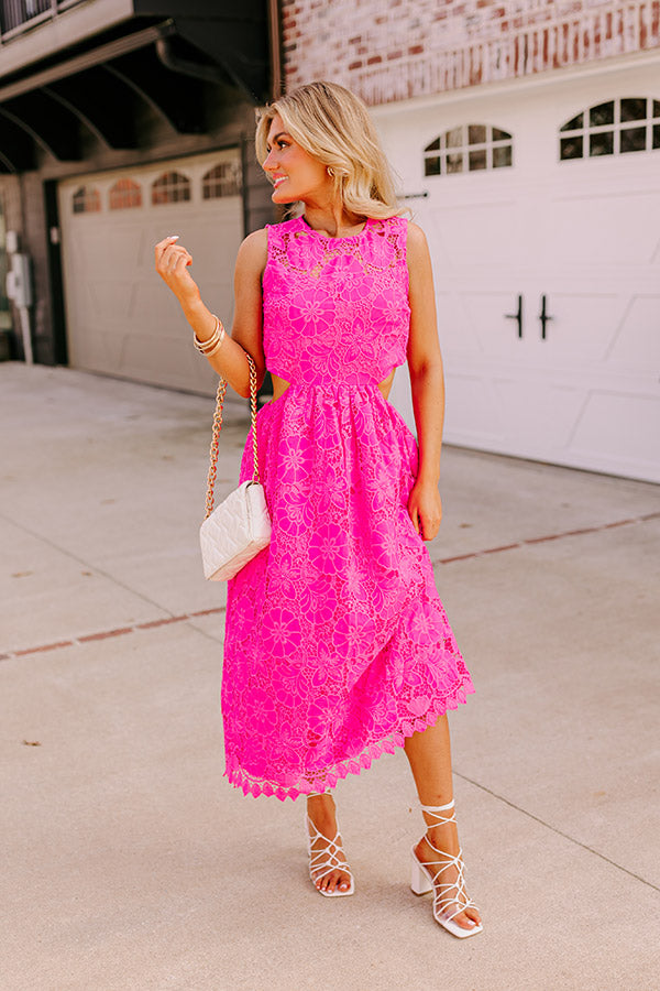 Enchanting Elegance Lace Cut Out Midi in Hot Pink