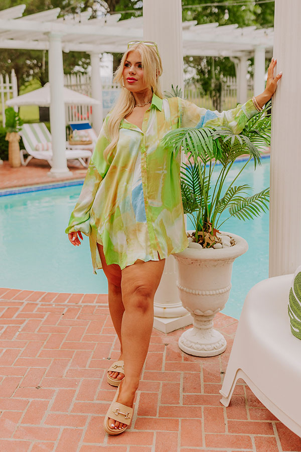 Sorbet Smiles Satin Button Up in Lime Punch Curves