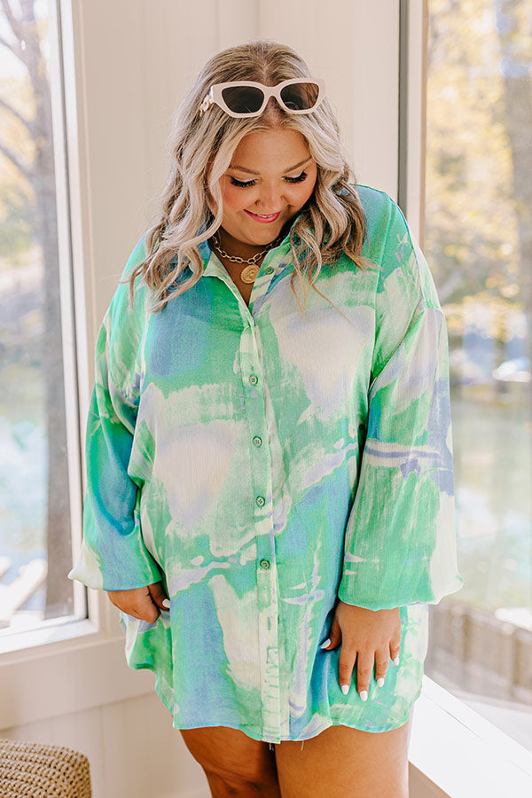 Sorbet Smiles Satin Button Up in Ocean Wave Curves Image - 4