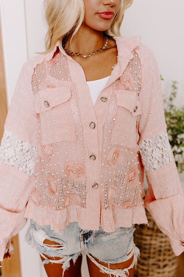 Tea Garden Embellished Knit Button Up in Pink Image - 3
