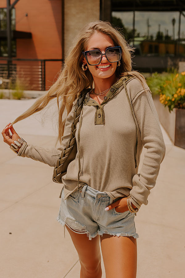 Cozy Moment Waffle Knit Hoodie in Light Sage Image - 1