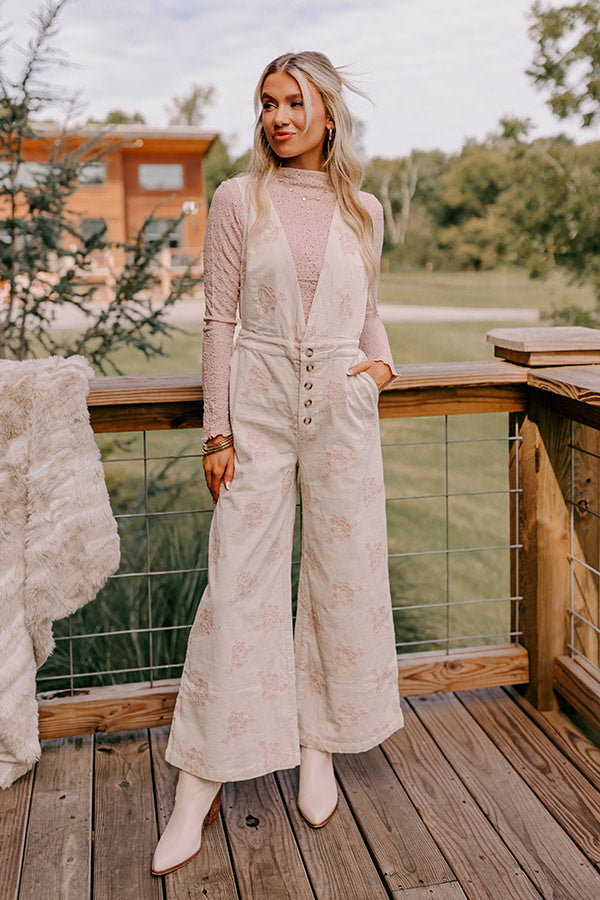 Soho Sleek Embroidered Corduroy Jumpsuit in Cream Image - 3