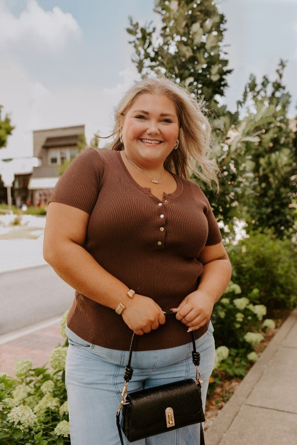 Cafe Hangout Ribbed Henley Top in Chestnut Curves Image - 1
