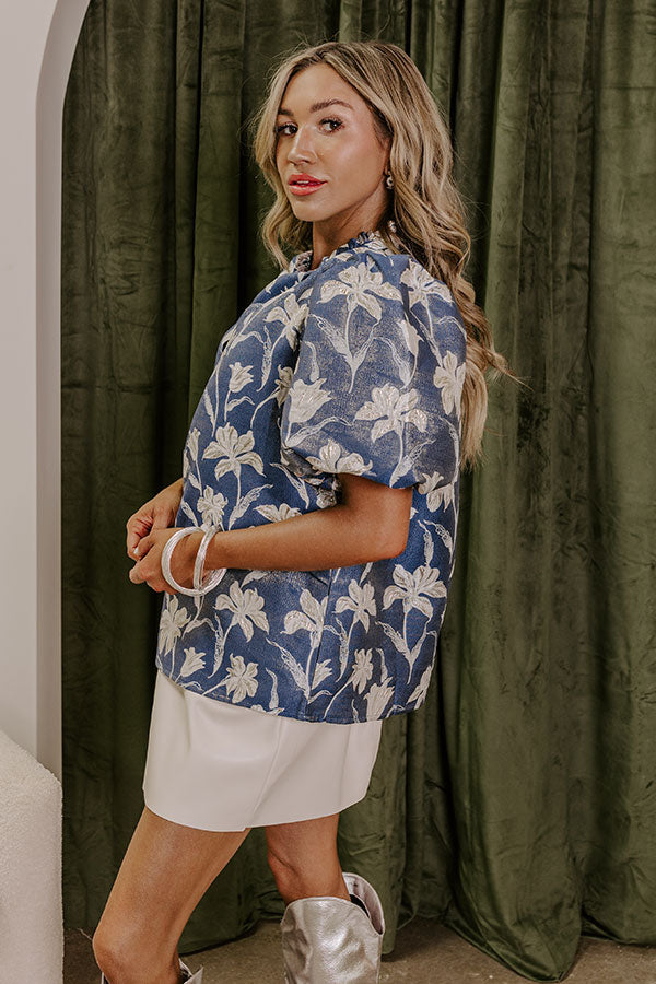 Holiday Party Floral Jacquard Top in Blue Image - 4