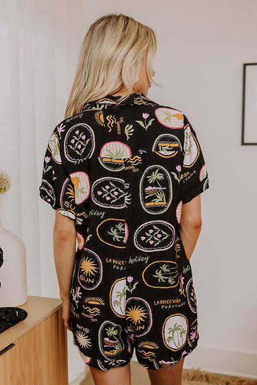 Coconut Coastal Print Half Button Down Romper