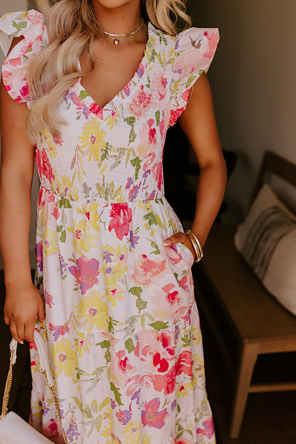 Gleaming Smile Floral Smocked Midi Dress in Blue Curves main image 0