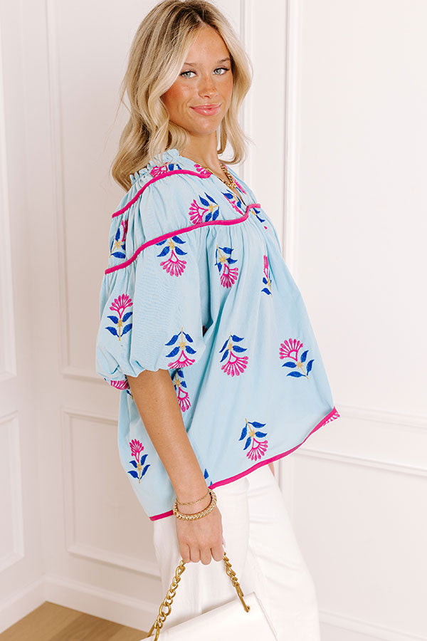 Joyful Bloom Floral Embroidered Top in Sky Blue Image 3