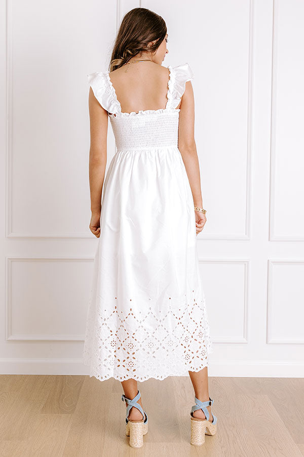 Call It Serendipity Smocked Eyelet Midi Dress in White
