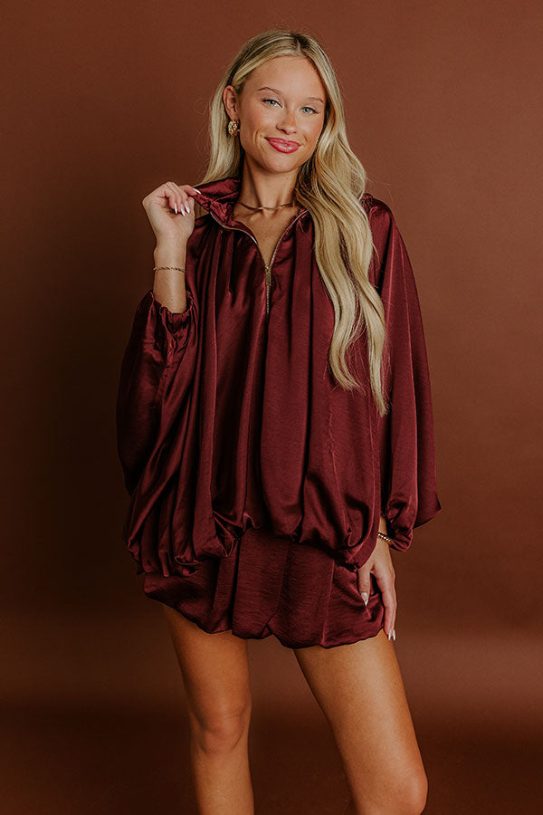 Rooftop Cocktails Satin Zip Up Top in Merlot Image 2