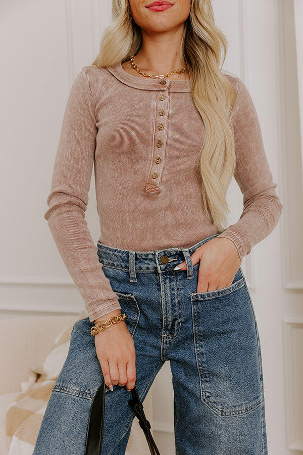 Cool Mornings Vintage Wash Henley Top in Chocolate Image 2
