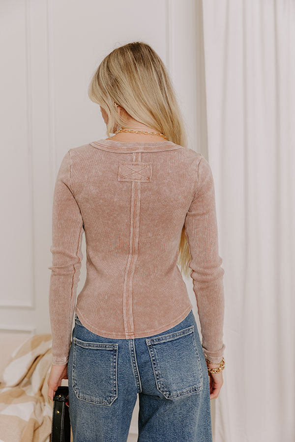 Cool Mornings Vintage Wash Henley Top in Chocolate Image 5