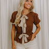 First Class Charm Front Tie Peplum Top in Chocolate Image 1