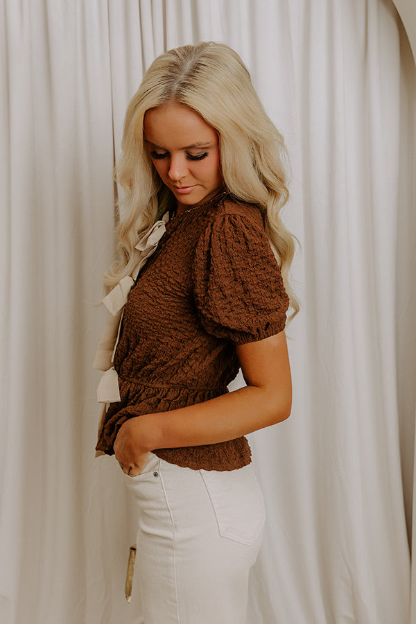 First Class Charm Front Tie Peplum Top in Chocolate Image 2