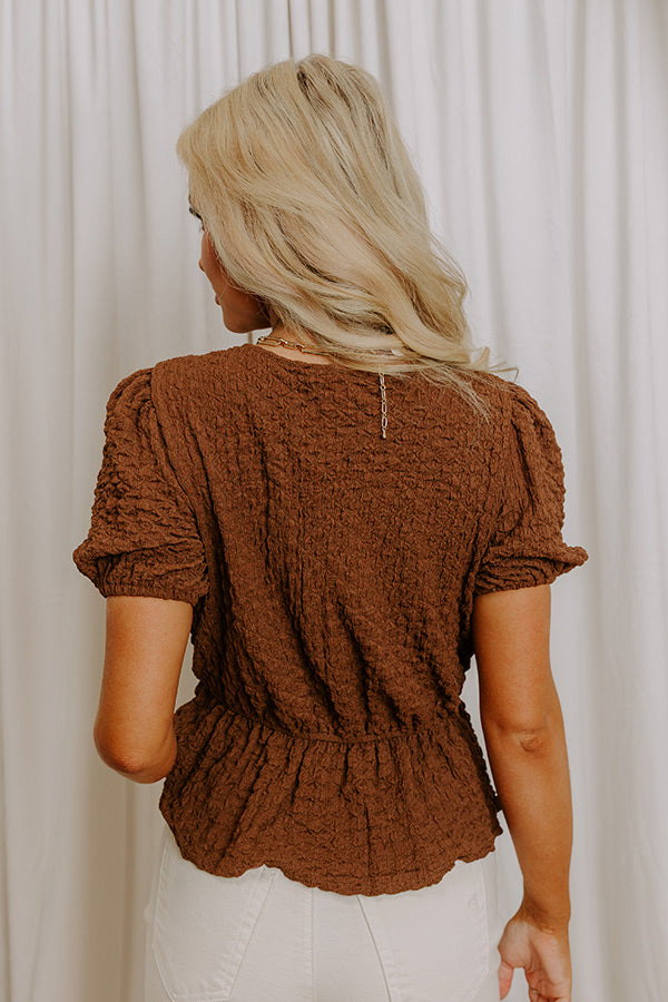 First Class Charm Front Tie Peplum Top in Chocolate Image 5