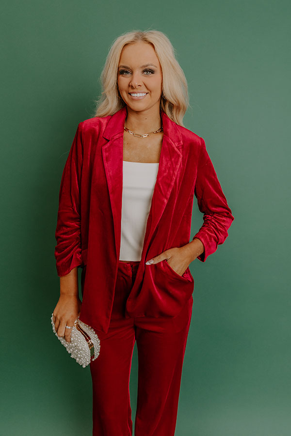 Chic Influencer Velvet Blazer In Red Image - 4