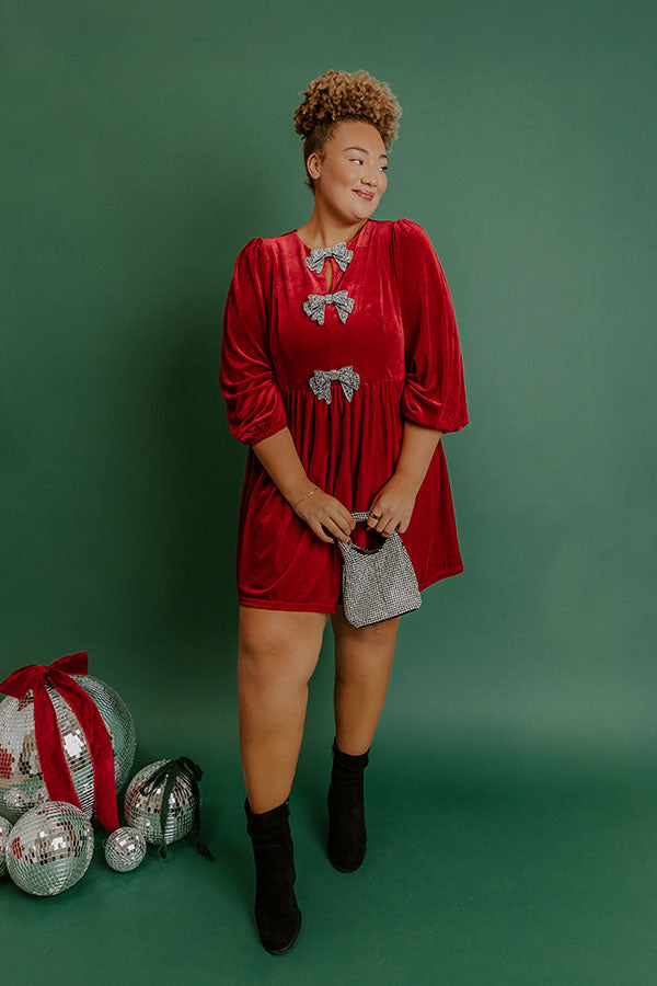 Bows And Kisses Velvet Mini Dress in Crimson Curves Image - 1