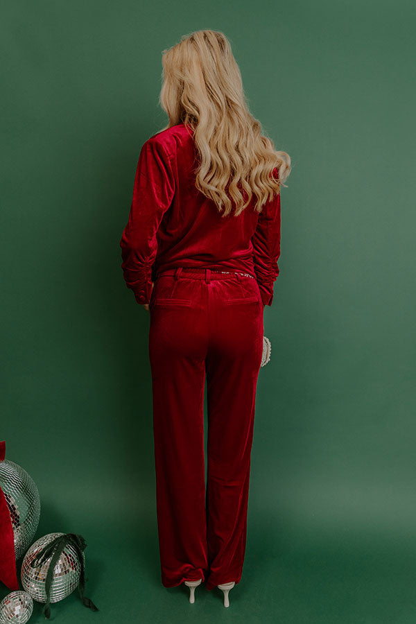 Chic Influencer High Waist Straight Leg Velvet Pants In Red Image - 3