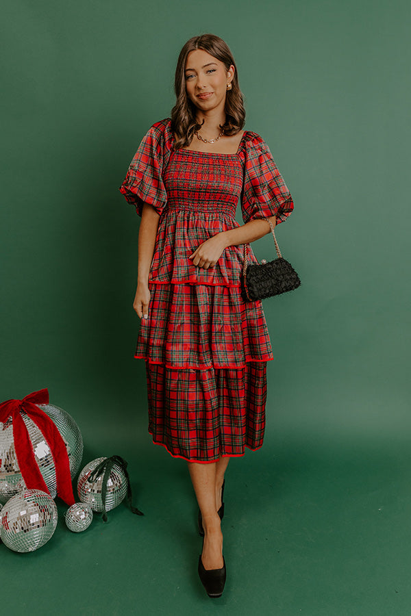 Plaid and Promises Satin Tiered Midi Dress Image - 1