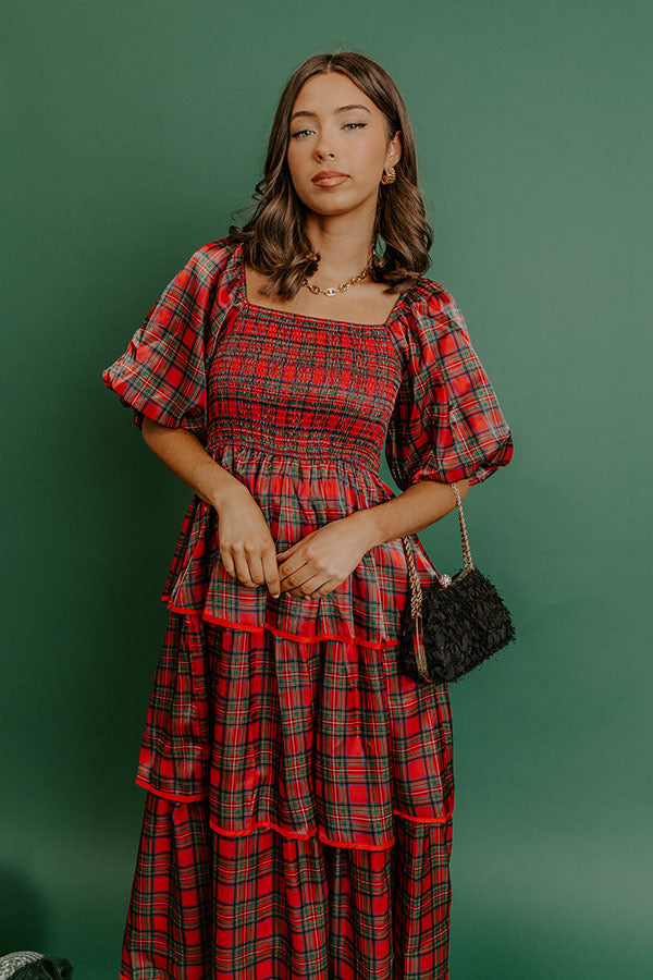 Plaid and Promises Satin Tiered Midi Dress Image - 2