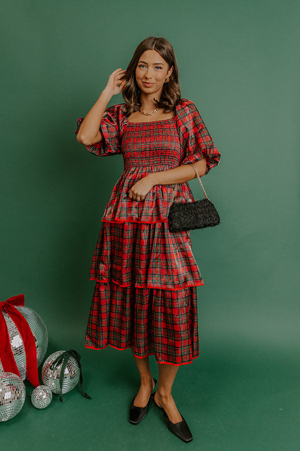 Plaid and Promises Satin Tiered Midi Dress Image - 4