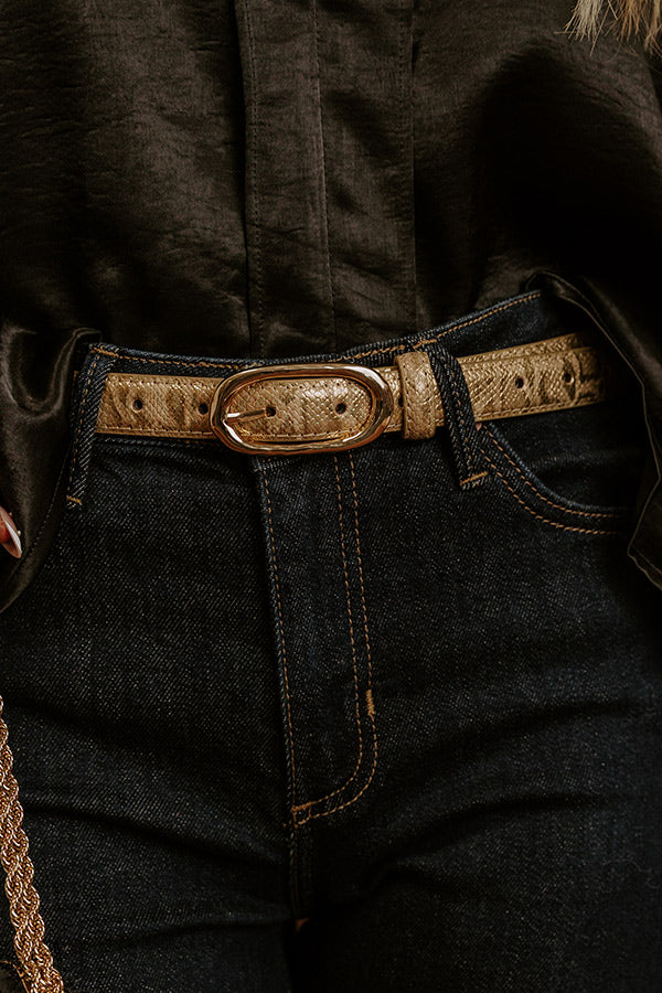 Uptown Muse Faux Leather Snake Print Belt in Gold Image - 2